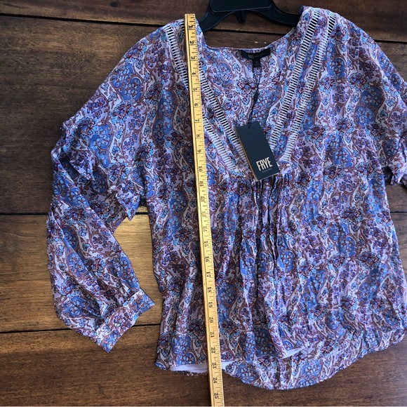 Frye purple floral long sleeve ruffle v neck blouse sheer boho tunic peasant - Picture 11 of 11